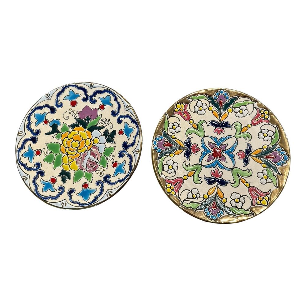 Vintage Jose Royo Vilar Spain Hand PaintedCeramic Wall Plates Set 71/2inGold Rim